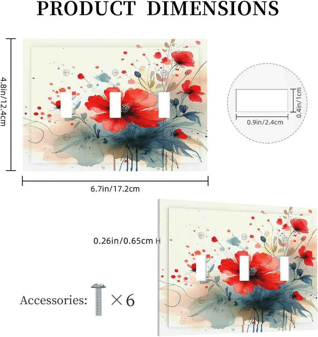 Vintage Floral Red Watercolor Modern Decorative Switch Plates 3 Gang Wall Plate Triple Toggle Light Switch Cover Electrical Wall Panels Faceplate for Bedroom Bathroom Decor
