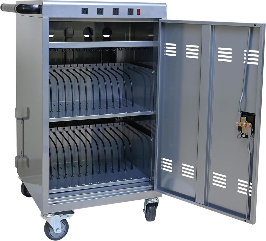 35 Device Charging Cart for Laptops and Tablets Up to 16.3-inch, Mobile Charging Station with AC Outlets, Secure Storage and Cable Management, Mobile Charging Cabinet for Ipads, Chromebooks, Silver