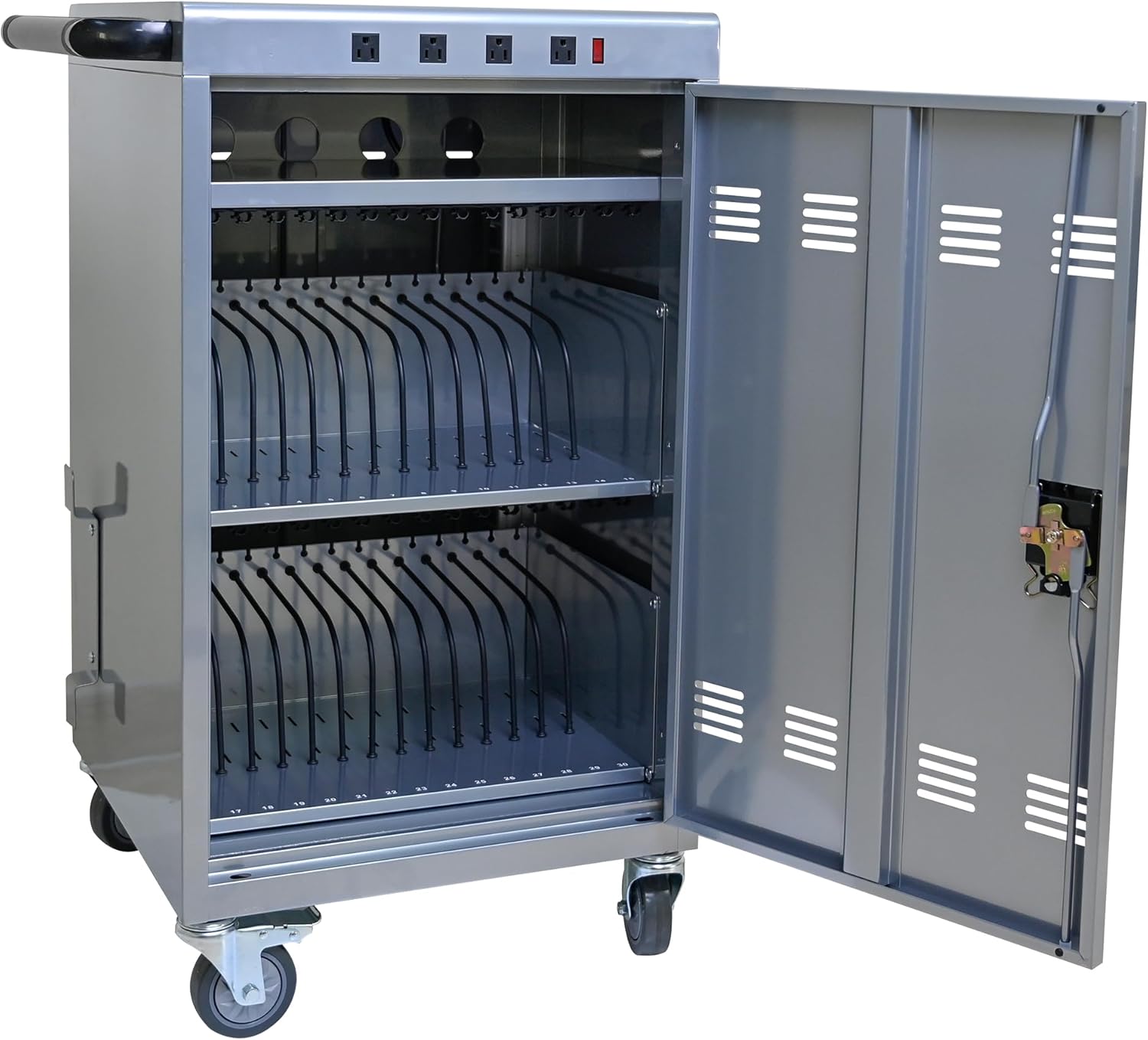 35 Device Charging Cart for Laptops and Tablets Up to 16.3-inch, Mobile Charging Station with AC Outlets, Secure Storage and Cable Management, Mobile Charging Cabinet for Ipads, Chromebooks, Silver