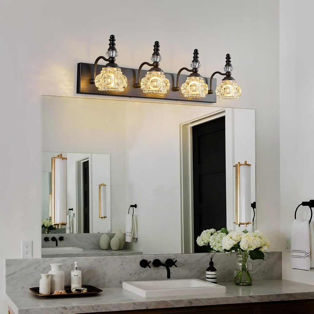 Modern Crystal Bathroom Vanity Light Black Vintage Bathroom Light Fixtures 4-Lights Glass Crystal Vanity Lights