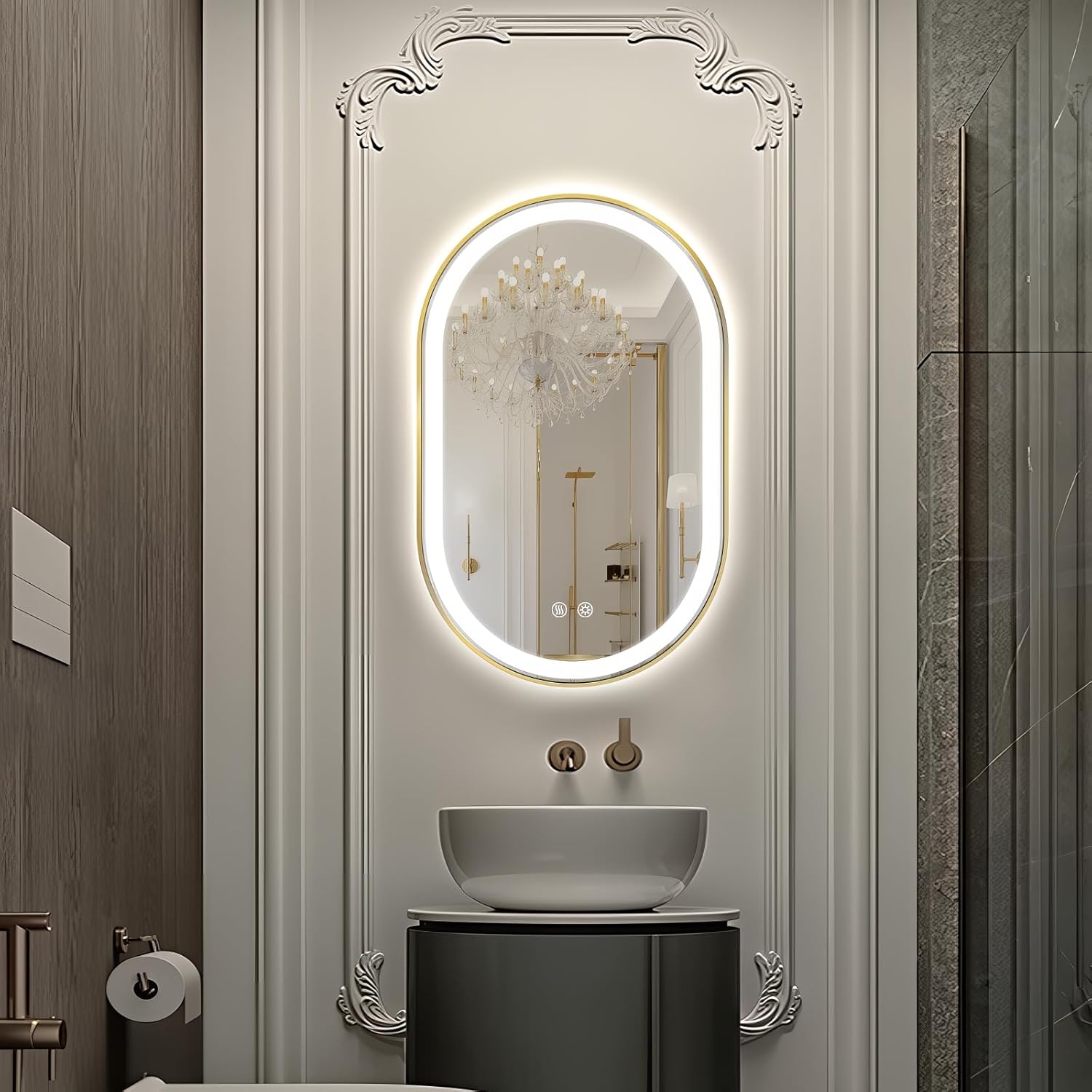 Niccy Oval LED Mirror for Bathroom, 32x20 Front Lit + Backlit Vanity Mirrors with Light Anti-Fog, Shatter-Proof, 3 Colors, Makeup Mirror with Old Gold Frame (Horizontal/Vertical)