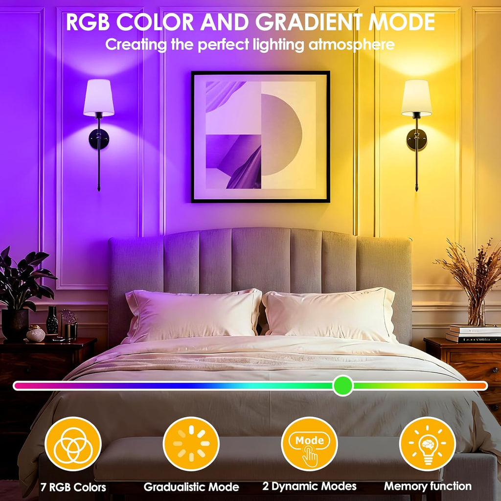 OCATO Battery Operated Wall Sconce: 10000mAh Wireless Wall Sconces Set of Two Rechargeable Lamp Dimmable Magnetic Lights with 7 RGB Colors and Remote Home Decor Walls Decor for Bedroom Living Room