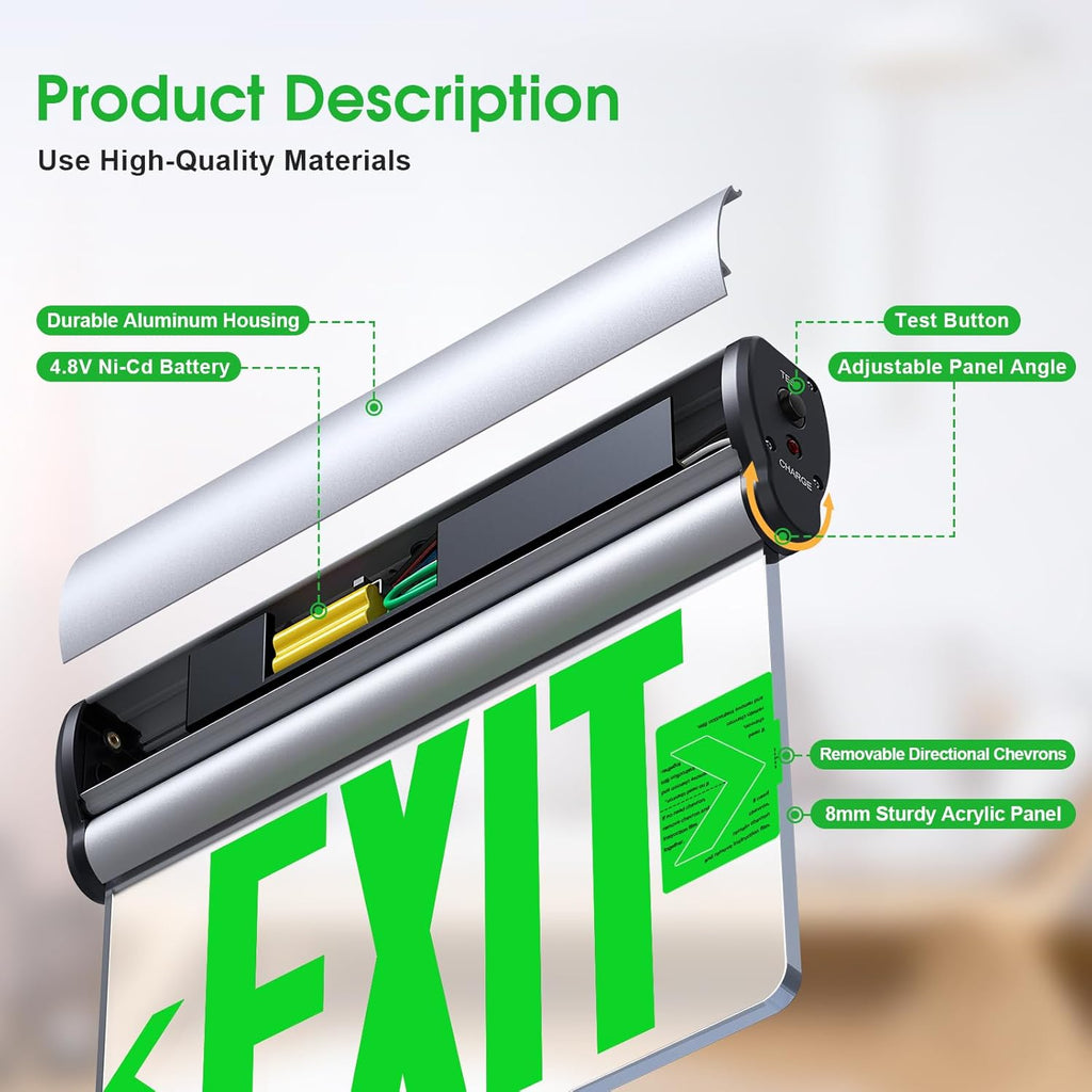 Led Edge-Lit Exit Sign ,Brushed Aluminum Housing Single-Sided Clear Rotating Acrylic Panel,Hardwired Emergency Exit Signs with Battery Backup, 120V-347VAC,Green Led Emergency Exit Light for Business , UL Listed,Top/Side/Wall Mount(1 Pack)