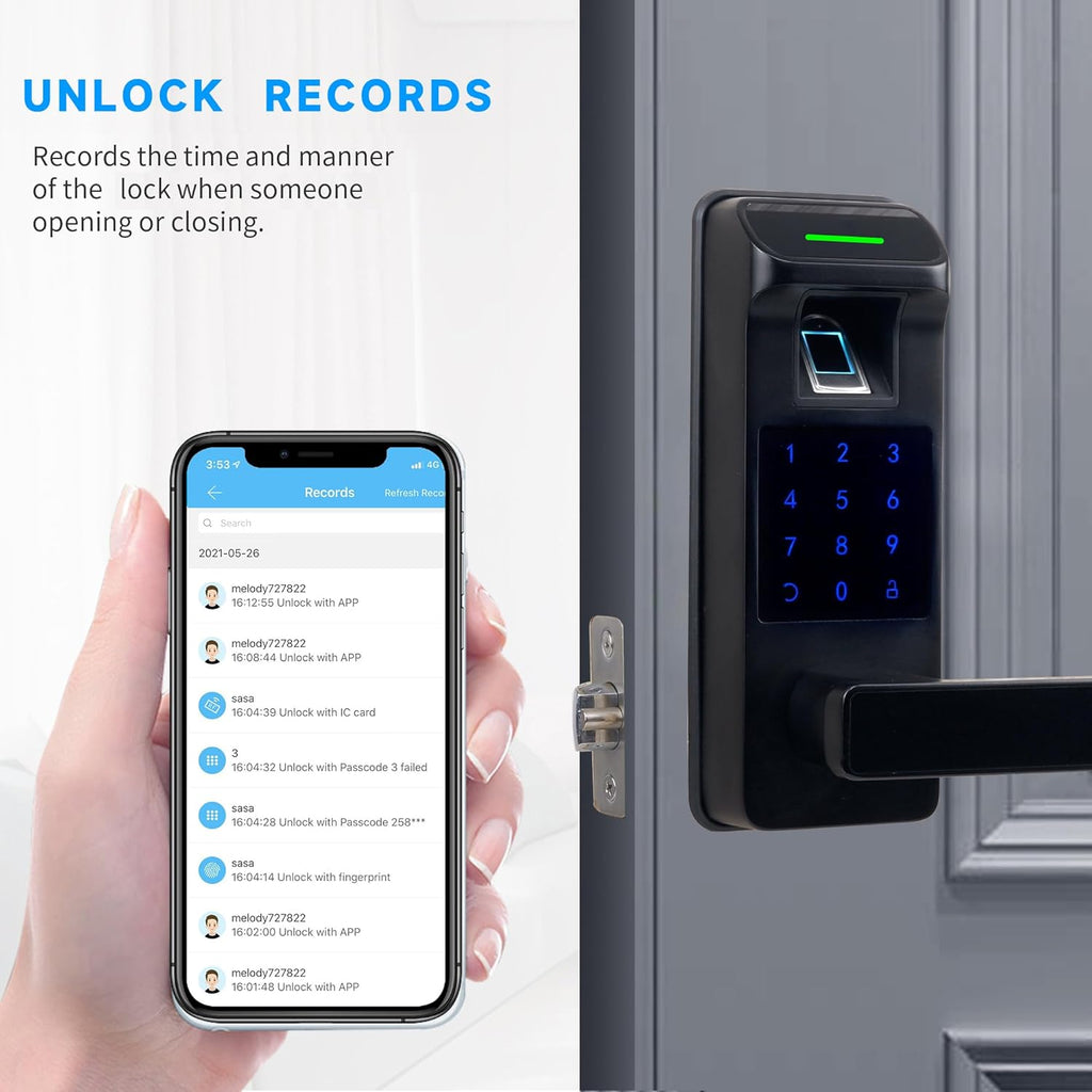 Harfo Fingerprint Door Lock, Heavy Duty Full APP Control Touchscreen Keypad Keyless Lock with Reversible Handle, Perfect for Home/Office/Bedroom Doors (Black)
