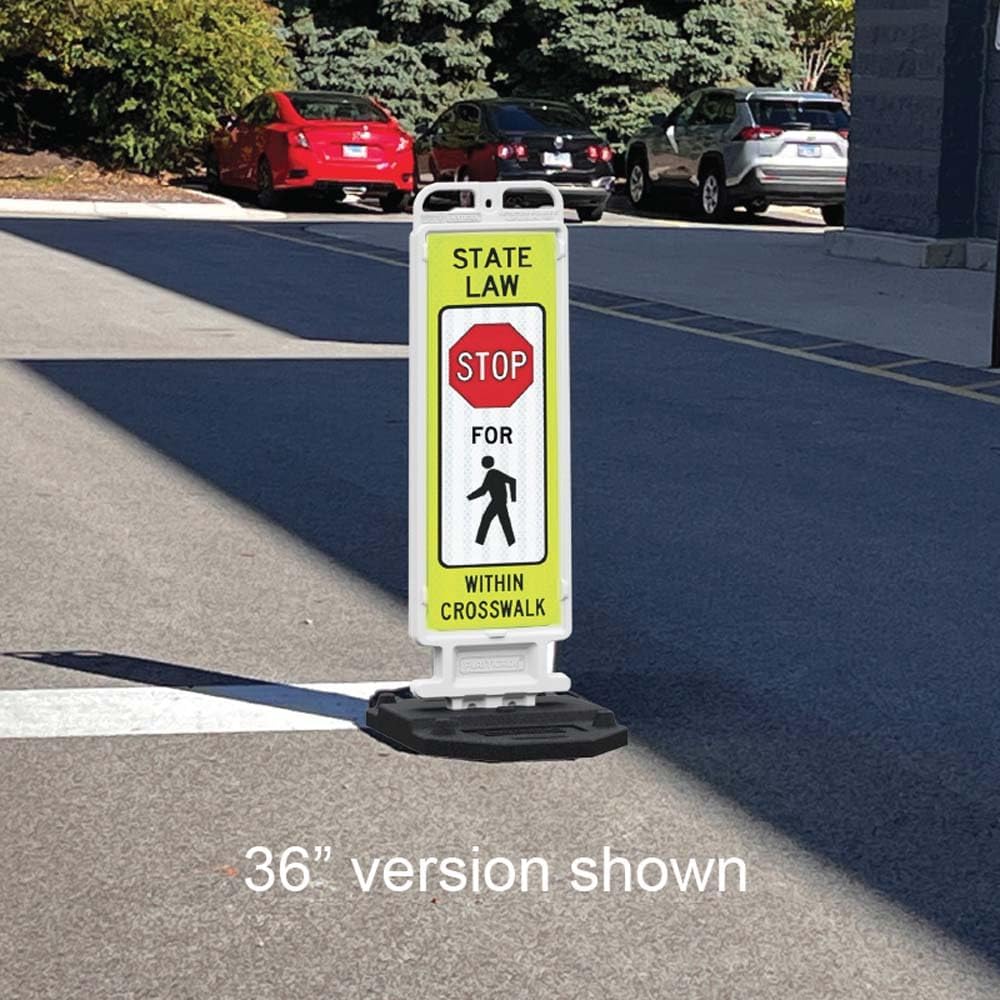 Plasticade Crosscade Crosswalk Sign, 36" Vertical Panel with 12x36 State Law Stop For Pedestrians Sign, Impact-Resistant Rubber Base, Diamond Grade Reflective Background and HIP Sheeting