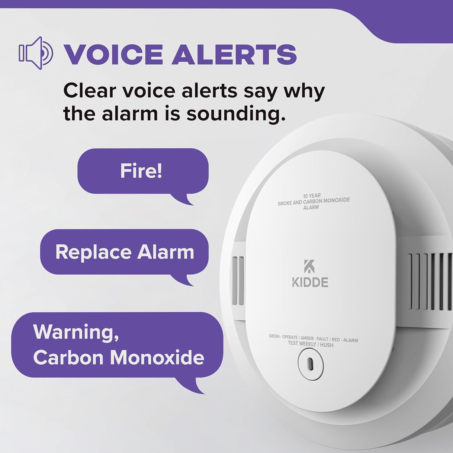 Kidde Smoke & Carbon Monoxide Detector, 10-Year Battery Powered, Voice Alerts, LED Warning Light Indicators, 2 Pack
