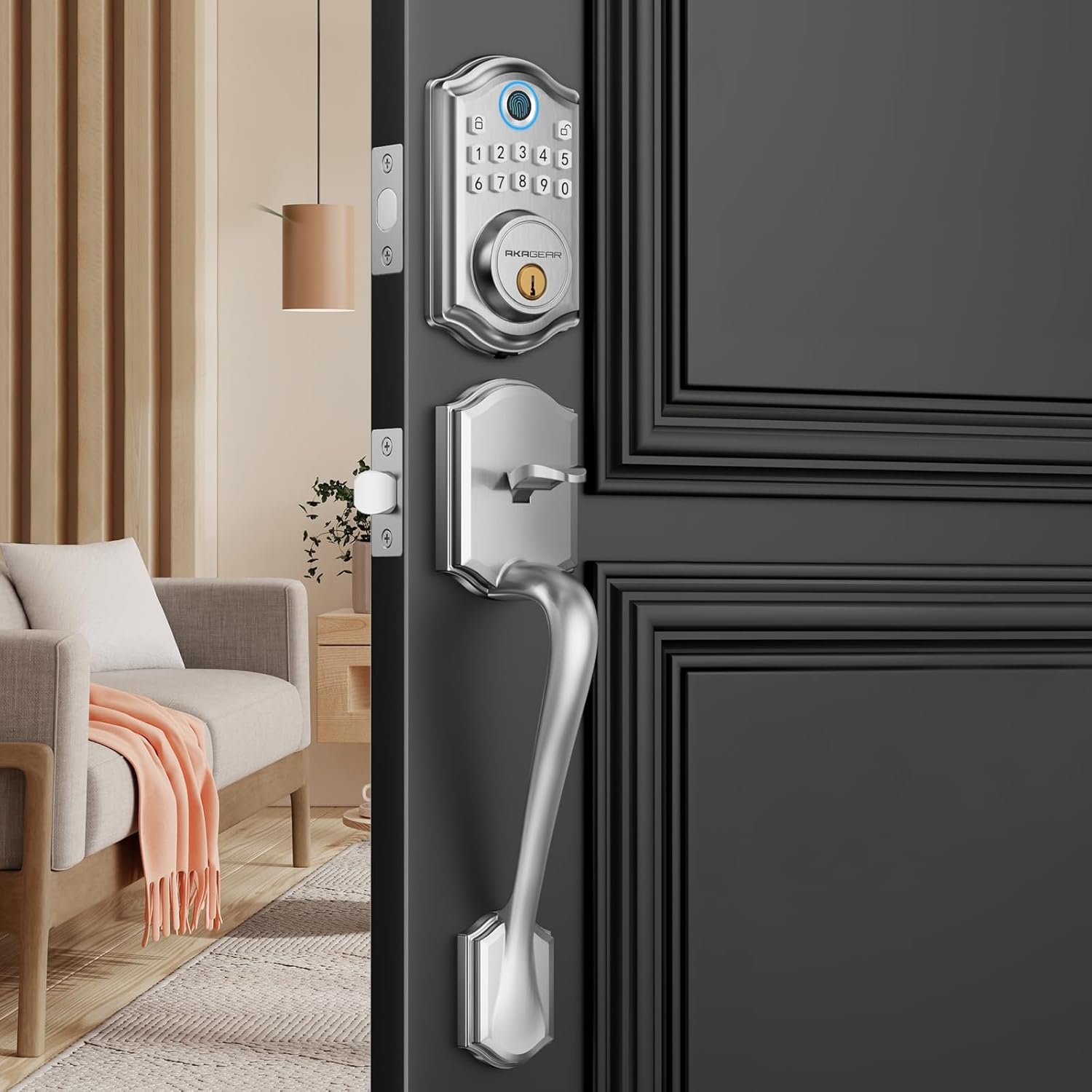 DS10 Keyless Entry Door Lock with Handle Set - Fingerprint Door Locks, Electronic Keypad Deadbolt, Smart Locks for Front Door, Auto-Lock & One Touch Locking, Easy Installation - Satin Nickel