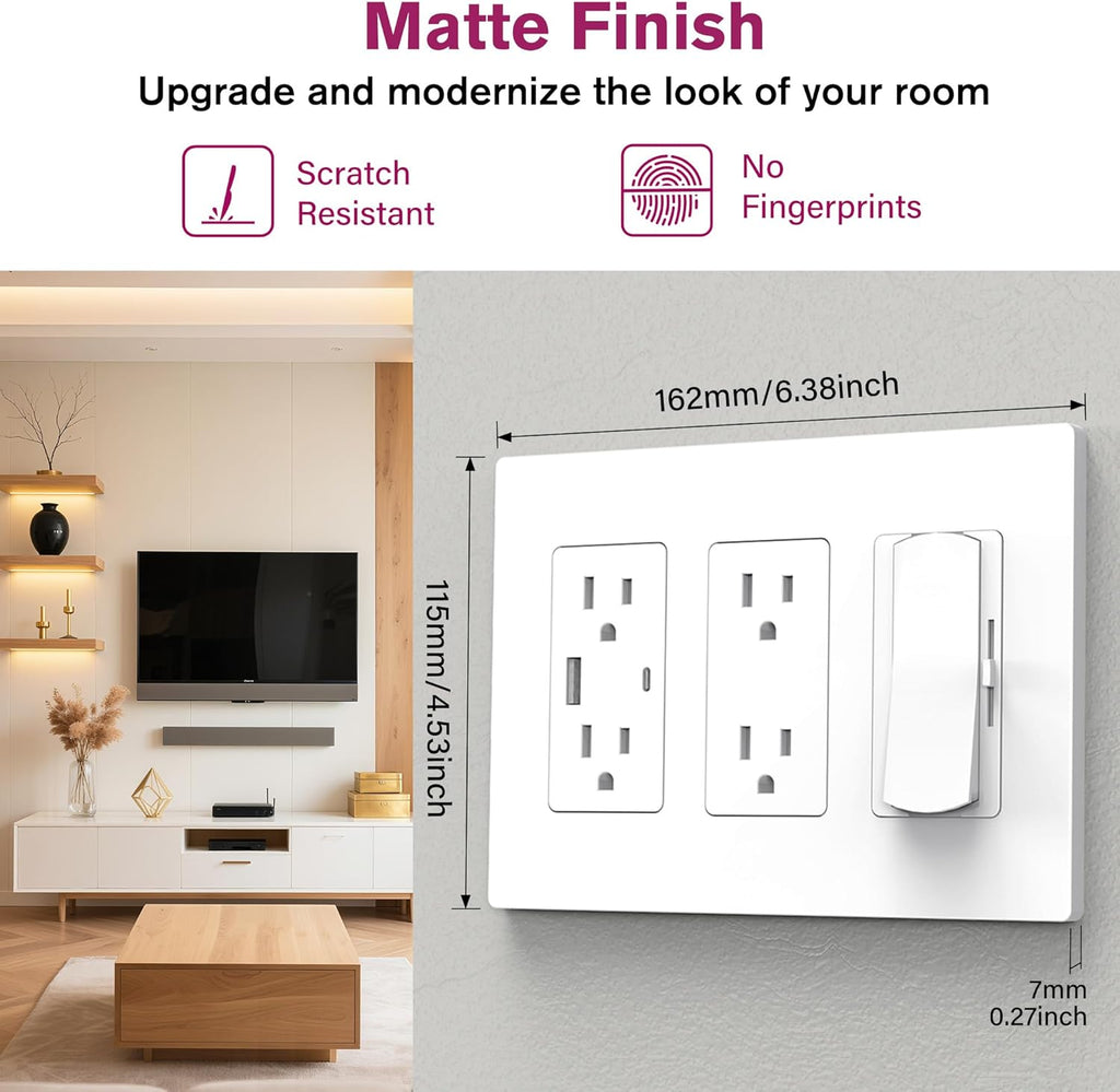 EMITEVER 3-Gang Screwless Decorator Wall Plate Cover for Receptacle Outlet & Light Switch, Standard Size 4.53"H x 6.38"W, Unbreakable Thermoplastic Faceplate, UL Listed, Matte White 1-Pack