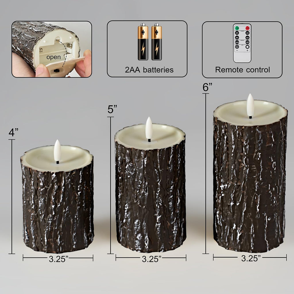 Comenzar Flameless Candles Battery Operated Candles Pine Bark Effect Real Candle Flickering 3D Wick Electric Home Decor Festival LED Candle with Timer 3Pack
