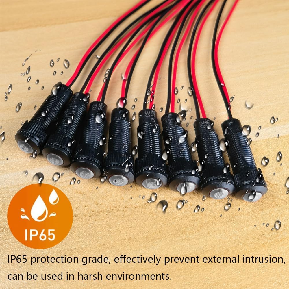 8pcs White LED Indicator Pilot Light AC/DC 12-24V Mounting Hole Size 8mm(Flame Retardant Plastic Shell)