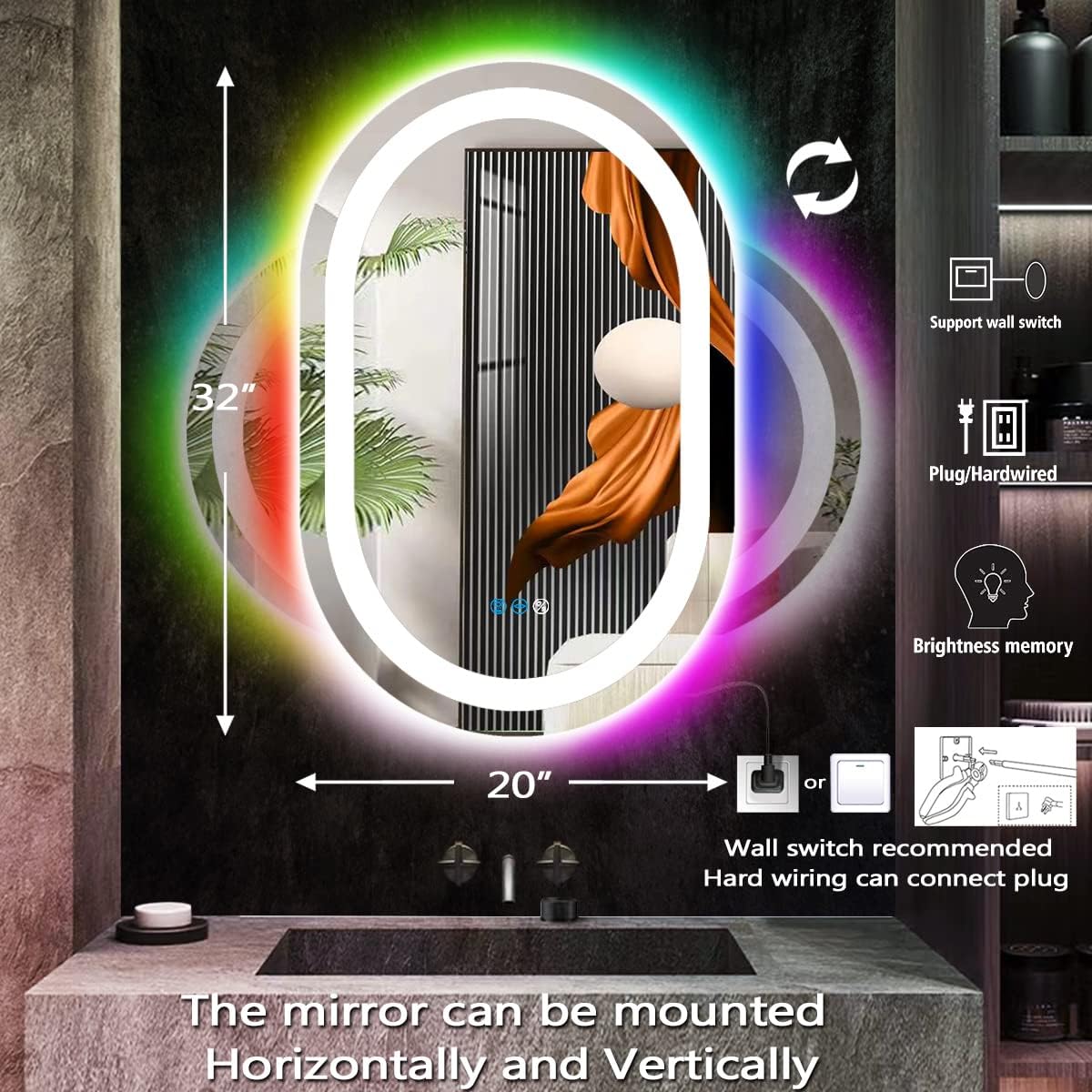 THEKLA 20 x 32 Inch Oval LED Vanity Mirror with Lights Smart Dimmable 3 Color+ Rainbow RGB Color Changing Backlit 32" Oval Lighted Mirror for Bathroom Wall Horizontal/Vertical Mount Anti-Fog