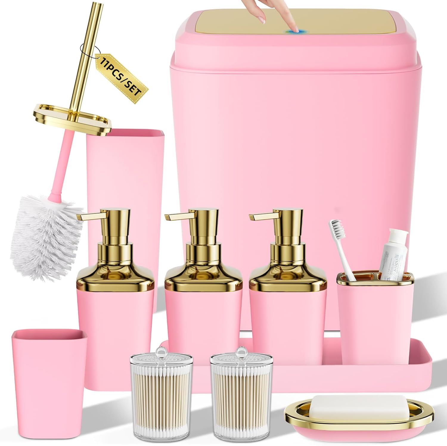 Bathroom Accessory Set, 11PC Bathroom Set, Pink Bathroom Accessories, Bathroom Accessories Set with Trash Can, 3PC Soap Dispensers and Toilet Brush