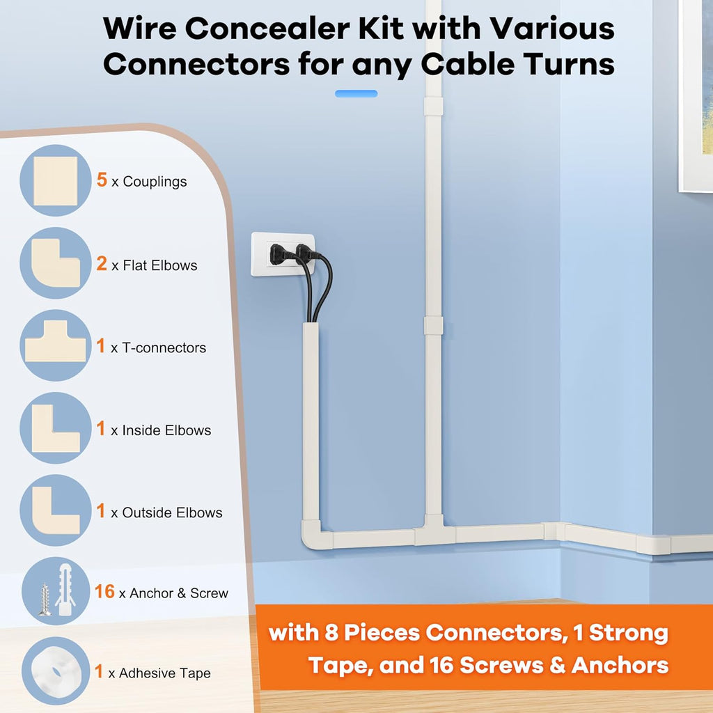 126in Cord Hider Kit, ZhiYo Wire Hiders for TV on Wall, Paintable Cable Management Kit, Wire Cover for Wall Mount TV, Beige Cable Raceway, Cord Cover Wall Wire Management Kit, 8xL15.7in W1.18inH0.67in