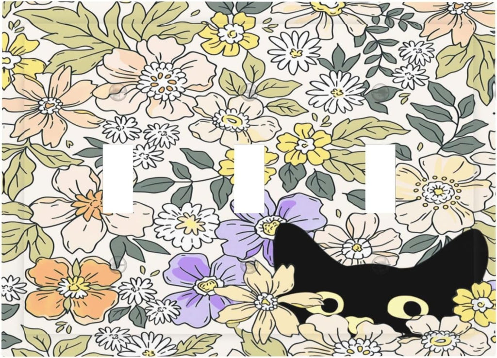 Decorative Light Switch Plate Covers Cute Black Cat in a Flower Patch Botanical Garden 3 Gang Artistic Wall Plate Unique Triple Toggle Light Switch Covers for Bedroom Home Decor