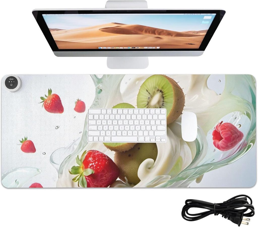 Large Heated Mouse Pad,Leather Desk Mat,31.5"x13",Hand Warmer Pads for Desk,Fruit(Red Cream)