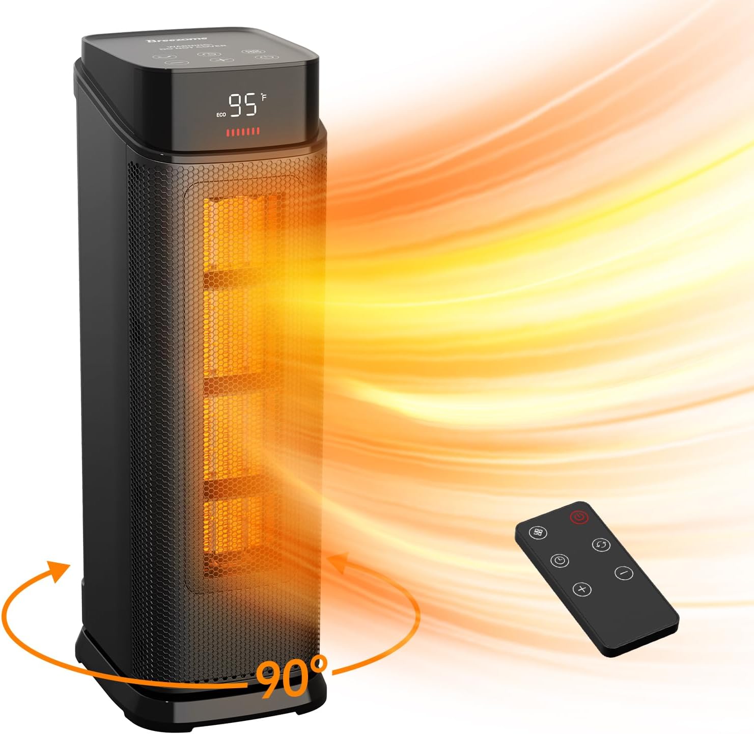 BREEZOME Space Heater Indoor, 1500W PTC Portable Electric Heaters for Home with Thermostat & 90° Oscillating, 24H Timer, Quiet Safety Ceramic Tower Heater with Remote for Bedroom Office