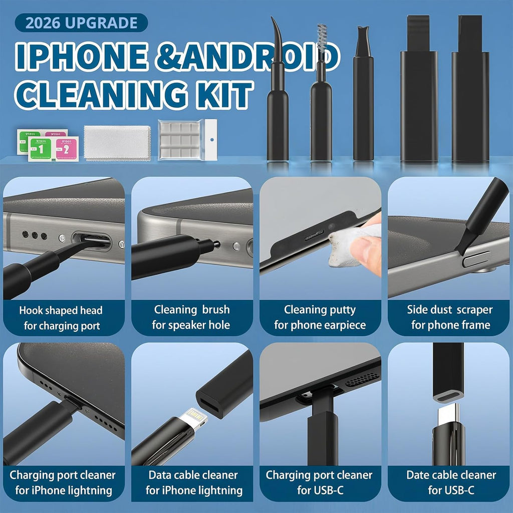 2026 Upgrade Phone Cleaning Kit 47PCS, iPhone Cleaning Kit, Airbud AirPods Cleaning Kit, Keyboard Cleaning Kit, Charging Port Cleaner for Apple Lightning/Android USB-C (Black)