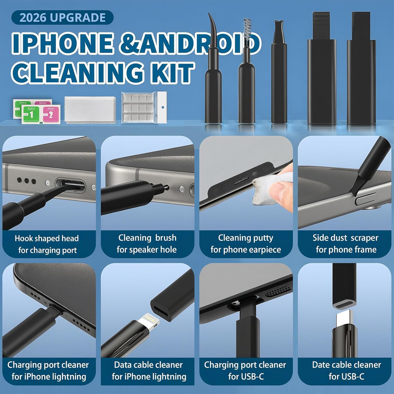 2026 Upgrade Phone Cleaning Kit 47PCS, iPhone Cleaning Kit, Airbud AirPods Cleaning Kit, Keyboard Cleaning Kit, Charging Port Cleaner for Apple Lightning/Android USB-C (Black)