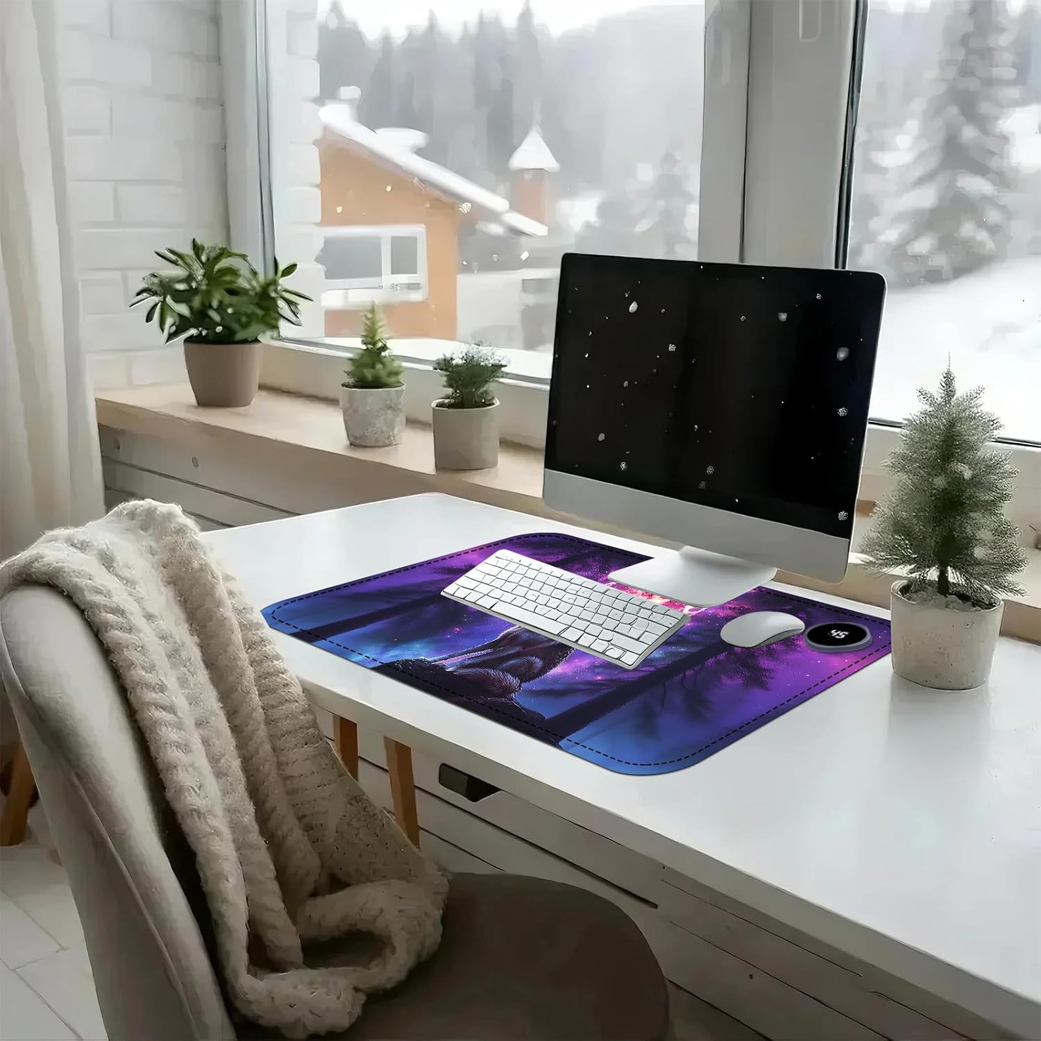 Heated Mouse Pad with 3 Temperature Settings(104°F–122°F),Large 24x14.2 Inch PU Leather Heated Desk Mat,Waterproof Warming Pad for Office,Gaming & Cold Hands Relief,Moon Wolf Howling