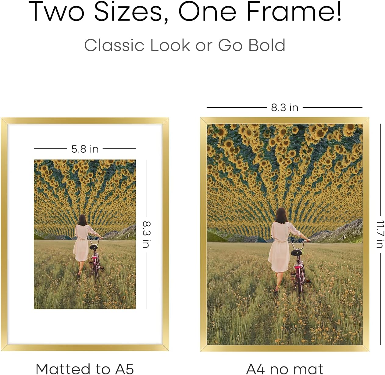 Homeforia A4 Gold Picture Frame, High End Metal 8.3 x 11.7 Frames for Wall or Tabletop, Gold A4 Certificate Frame with Mat A5, 8.3x11.7 Frames Matted to 5.8x8.3 Art, Tempered Glass, Wall Kit, Set of 3