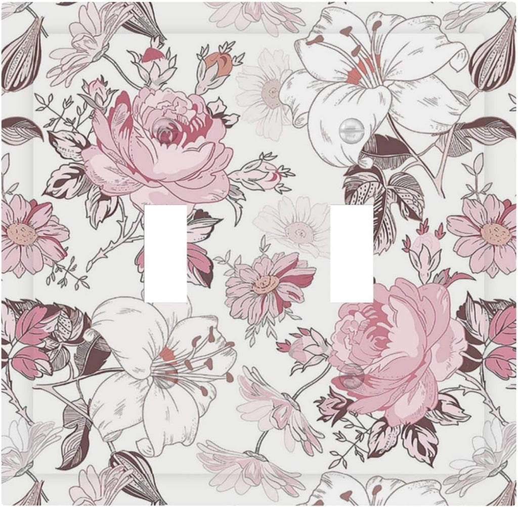 Decorative Switch Plates Modern Watercolor Flower Pink White Wildflower 2 Gang Double Toggle Wall Plate Outlet Light Switch Cover Electrical Faceplate for Bedroom Home Decor