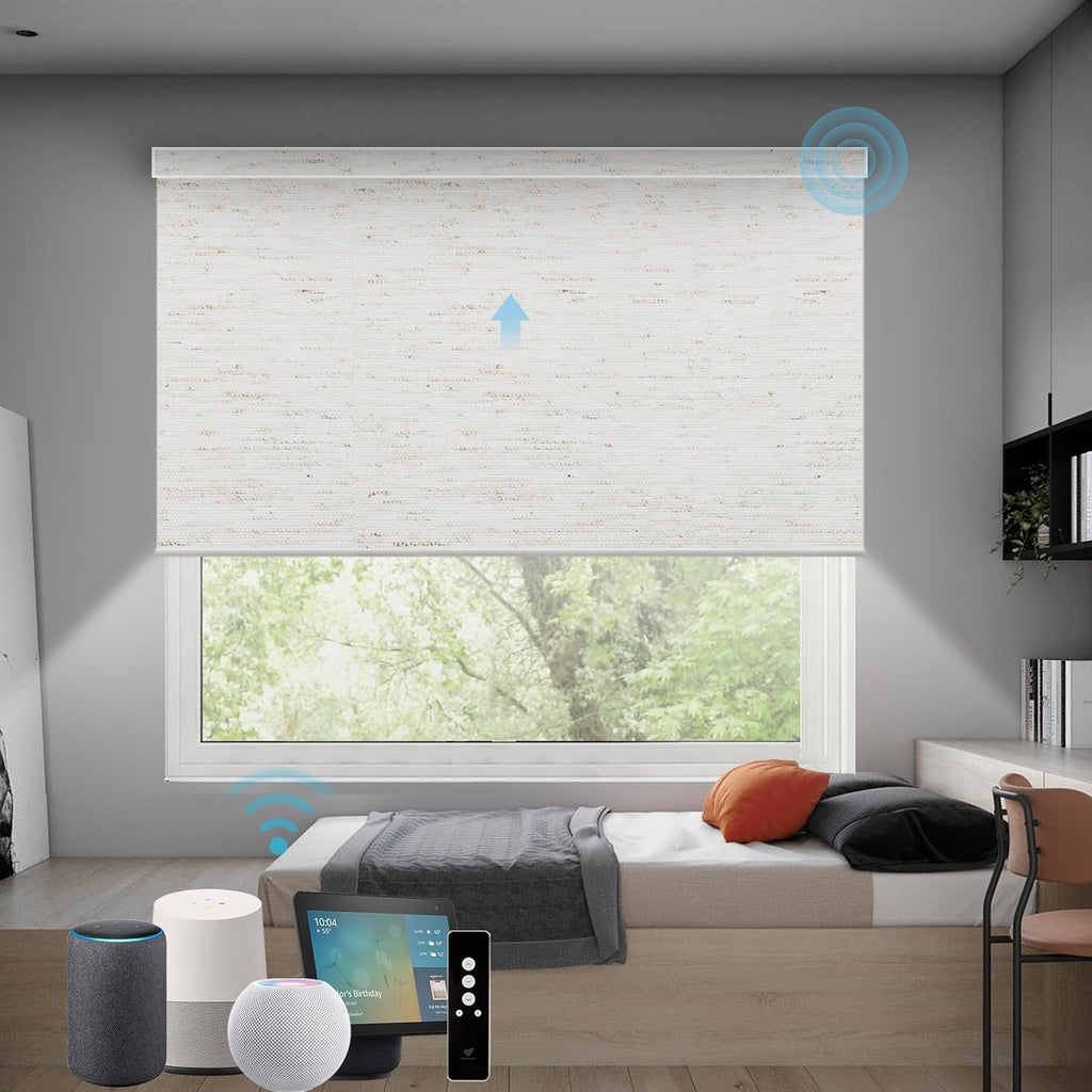SmartWings Motorized Roller Shades Work with Homekit, 100% Blackout Smart Blinds for Windows, Cordless Remote Control Window Shades, Linen White, Customized Size