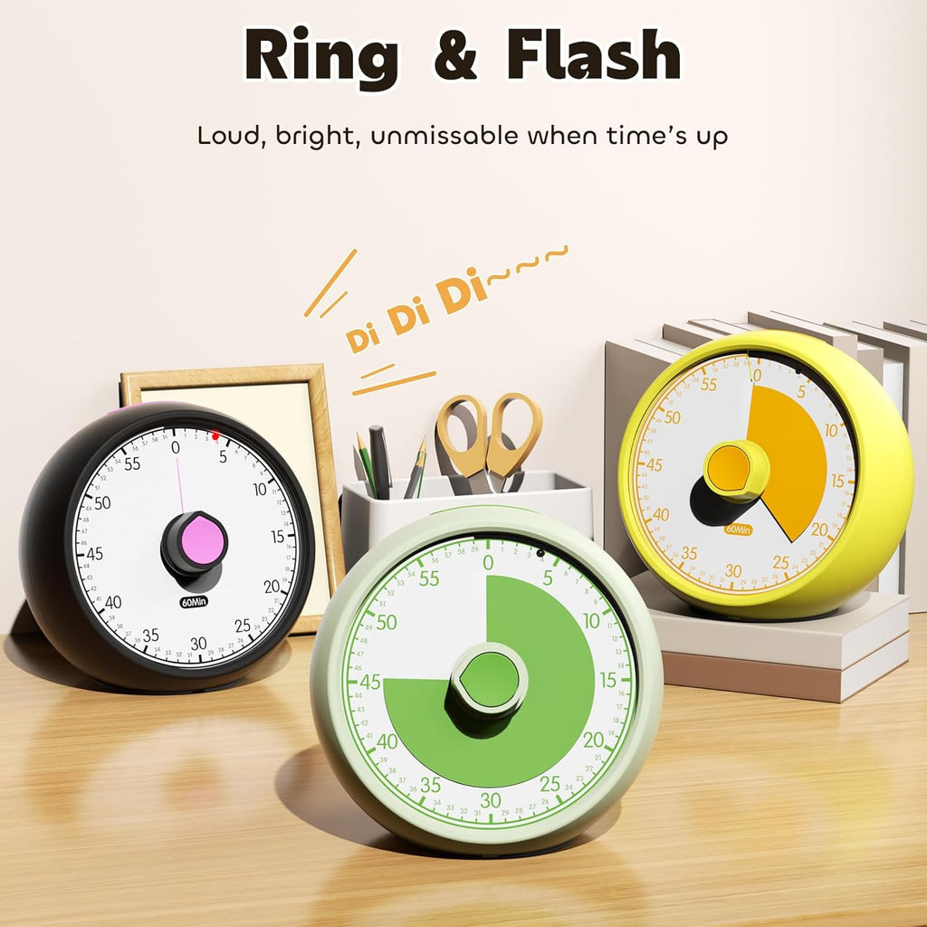 Visual Timer for Kids 60-Minute - Silent Analog Countdown Time Timer with Optional Alarm, Focus Tool for ADHD & Autism, Time Management for Homework, Chores, Office, Kitchen, Teaching & Study Routines