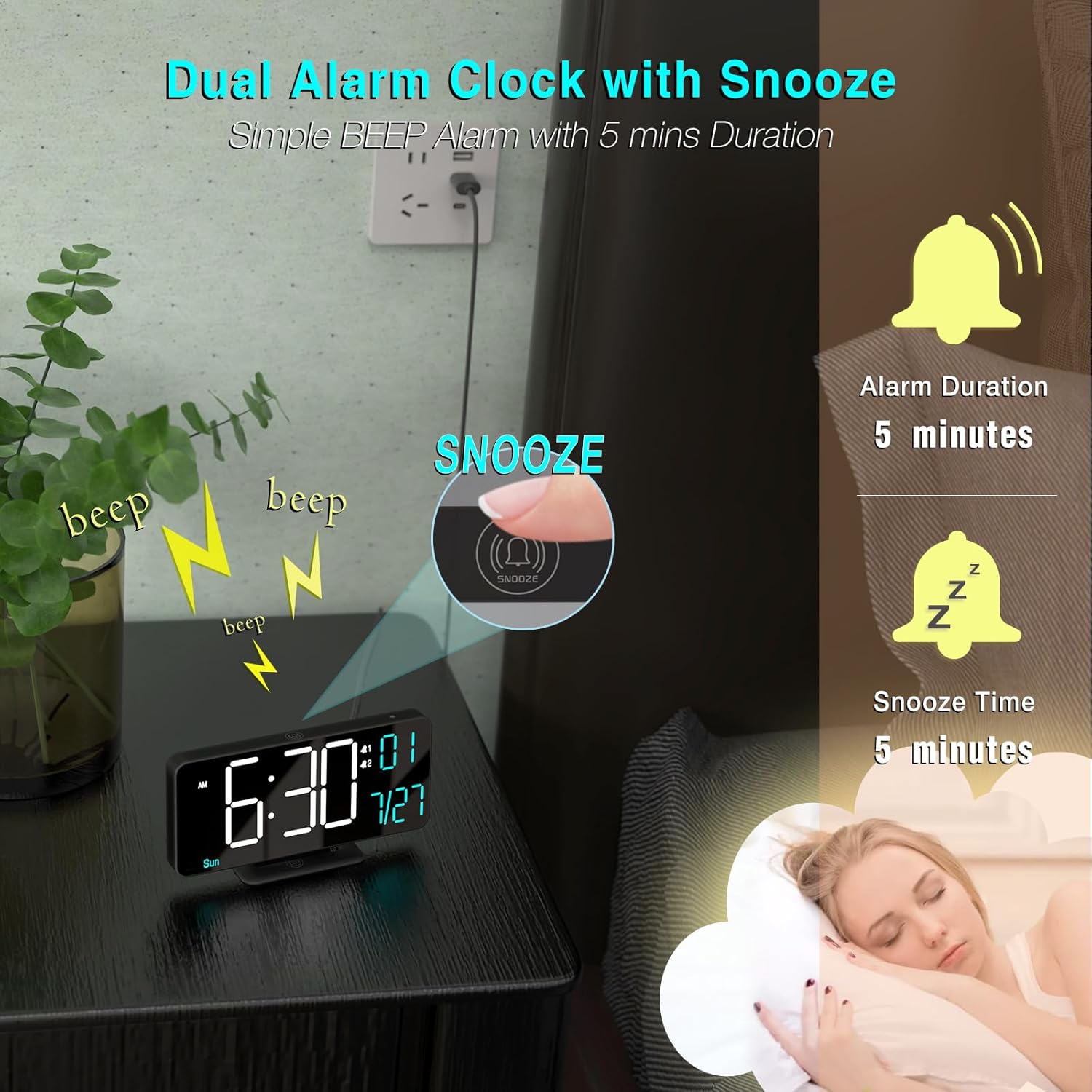 KOSUMOSU Digital Clock for Bedroom 6.7in Small Digital Alarm Clock Black, Dimming,12/24h,Date,Day of Week, Indoor Temperature,Desk Clocks for Classroom, LED Clocks for Living Room, Digital Calendar