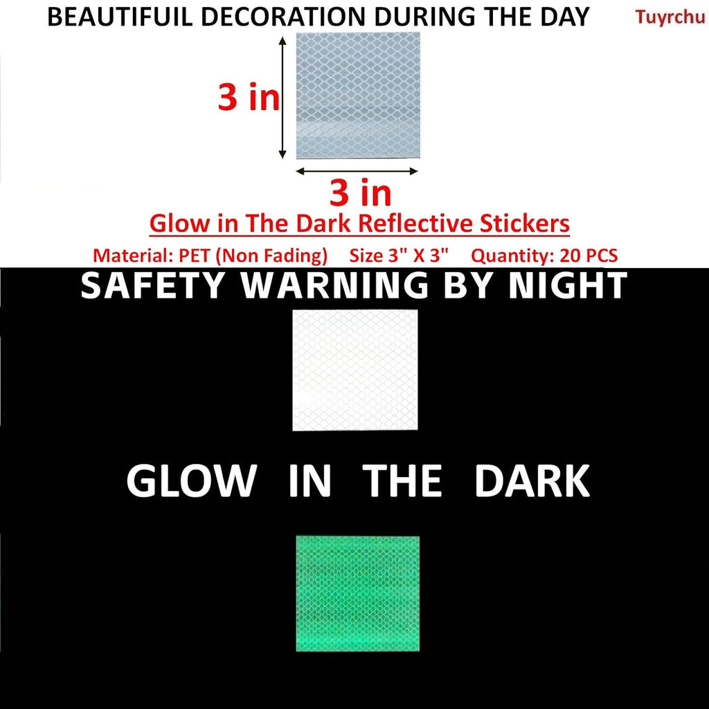 Glow in The Dark Reflective Stickers 3 inch X 3 inch for Bikes, Outdoor Waterproof High Visibility Reflector (20 Pcs)
