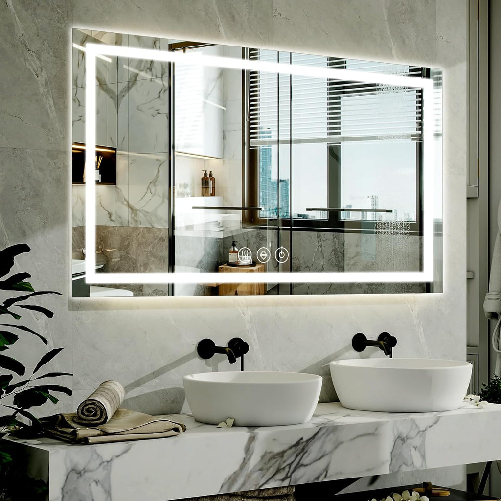 40"x 60"LED Bathroom Mirror, Backlit + Front Lit, LED Bathroom Mirror with Lights for Wall, 3 Colors, Anti-Fog, Dimmable Brightness, Tempered Glass