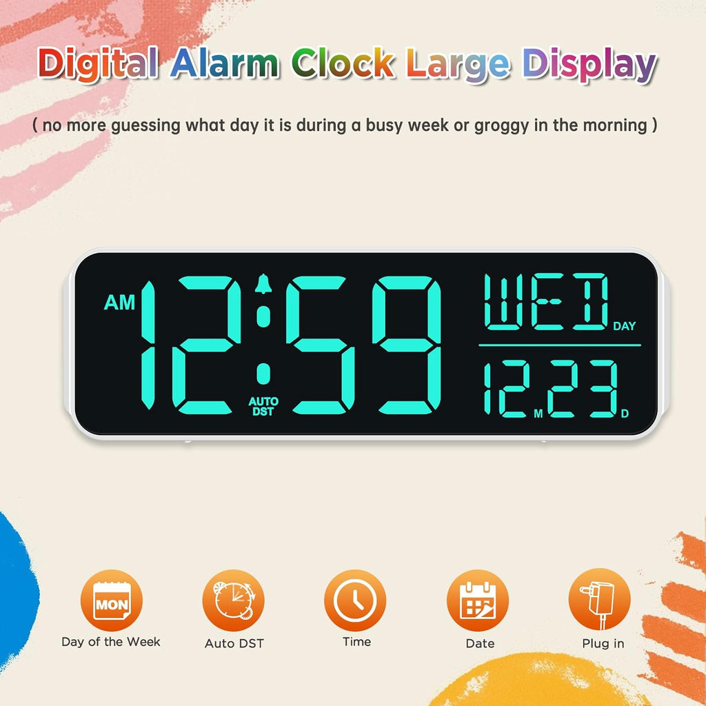 Peakeep Large Display Digital Alarm Clock for Bedrooms, Date Day of Week Desk Table Clocks for Living Room Office, Dimmable Plug in Electric Clock, 5 Volumes, Loud, Auto DST