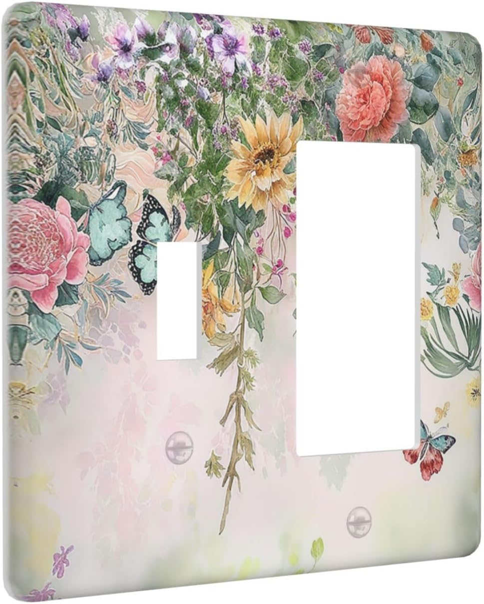 Rustic Floral Watercolor Flower Blossom Butterfly 2 Gang Combo 1 Toggle 1 Rcoker Light Switch Covers Decorative Switch Plates Electrical Switch Plates and Outlet Covers for Home Art Decor 4.5 X 4.5 IN