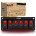 Nilight 6 Gang Rocker Switch Panel 5Pin On Off Toggle Aluminum Holder 12V 24V Dash Pre-Wired Red Backlit Switches for Automotive Cars Marine Boats RVs Truck