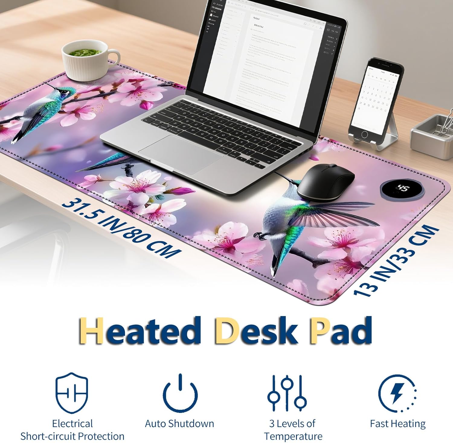 Heated Mouse Pad with 3 Temperature Settings(104°F–122°F),Large 31.5x13 Inch PU Leather Heated Desk Mat,Waterproof Warming Pad for Office,Gaming & Cold Hands Relief,Hummingbirds Flowers
