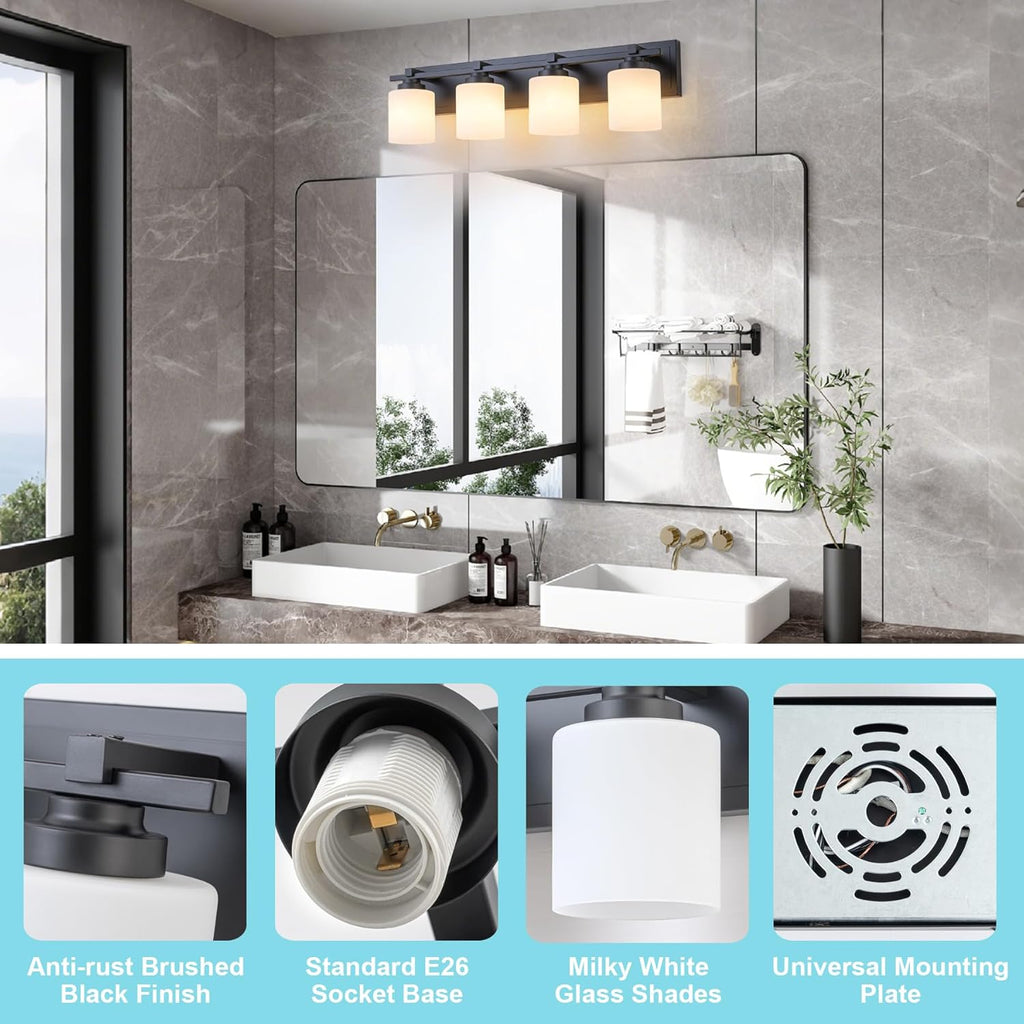 4 Light Modern Bathroom Light Fixtures Over Mirror, Black Vanity Lights for Bathroom Wall Sconces with Milky White Glass Shades, E26 Socket (Bulbs Not Included)