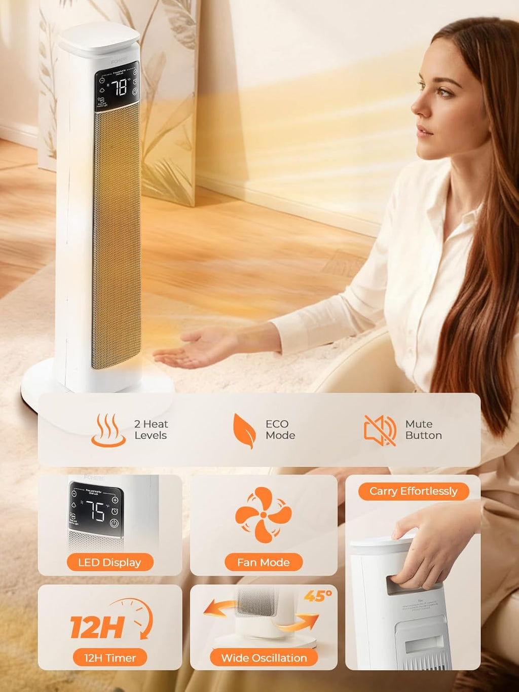 Space Heater for Large Room, FOHERE 24" Electric Heaters for Indoor Use with Thermostat and Remote, 70° Oscillation, 12H Timer, Overheat and Tip-Over Protection, Fan Mode for Home Bedroom Office