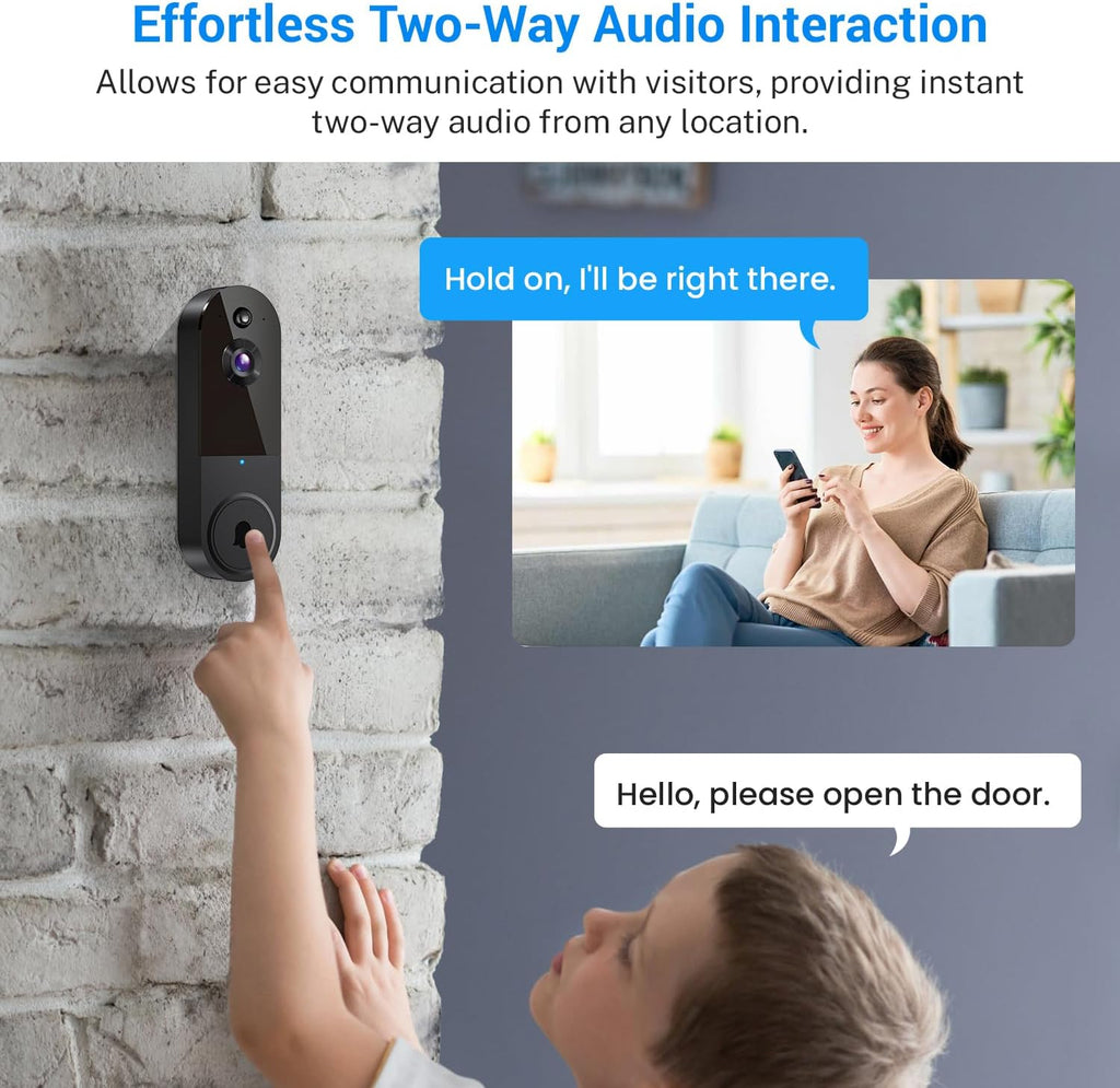 1080p Wireless Video Doorbell Camera with Indoor Receiver, AI Human Detection, 2-Way Audio, Night Vision, Cloud Storage, Real-Time Alerts, Smart Home Protection (Black)