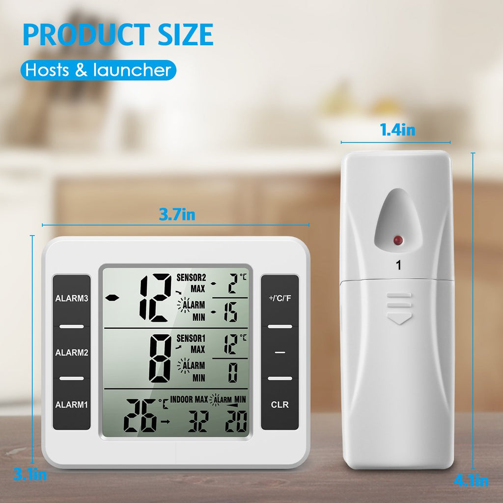(UPGRADED) AMIR Refrigerator Thermometer, Wireless Indoor Outdoor Freezer Thermometer, Sensor Temperature Monitor with Audible Alarm Temperature Gauge for Kitchen, Freezer, Home (Battery not Included)