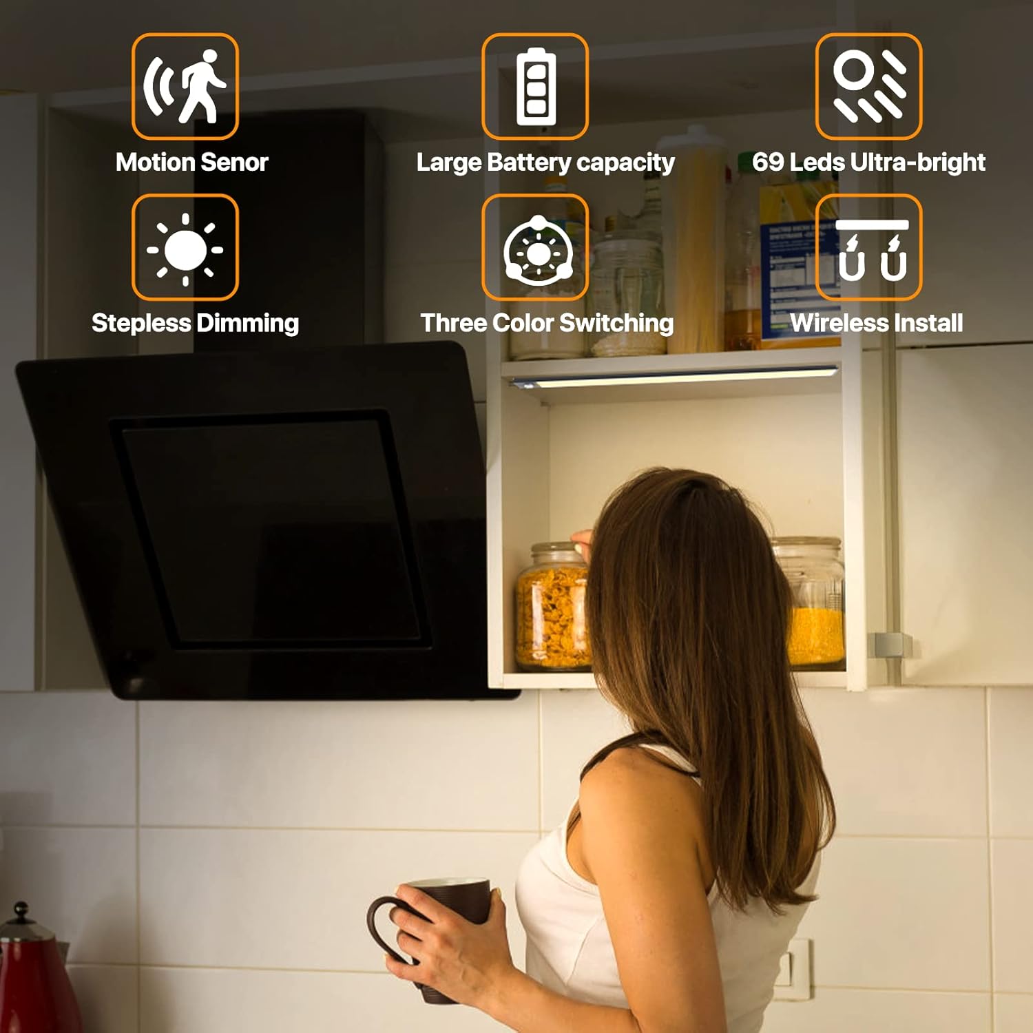 69 LED Under Cabinet Lighting 4 Pack, 3-Color Dimmable Motion Sensor, 3000mAh Rechargeable, Wireless Battery Operated Lights for Closet, Kitchen, Counter - Brighten Your Space Effortlessly