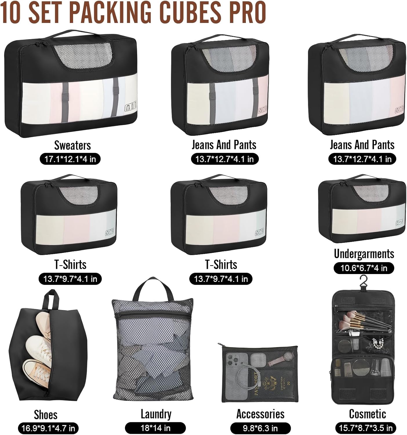 Veken 10 Set Packing Cubes for Travel Essentials, Suitcase Organizer Bags in 4 Sizes, Carry-On Luggage Accessories with Laundry & Toiletry Bag, Airplane Must-Have, Road Trip & Camping, Gifts for Men