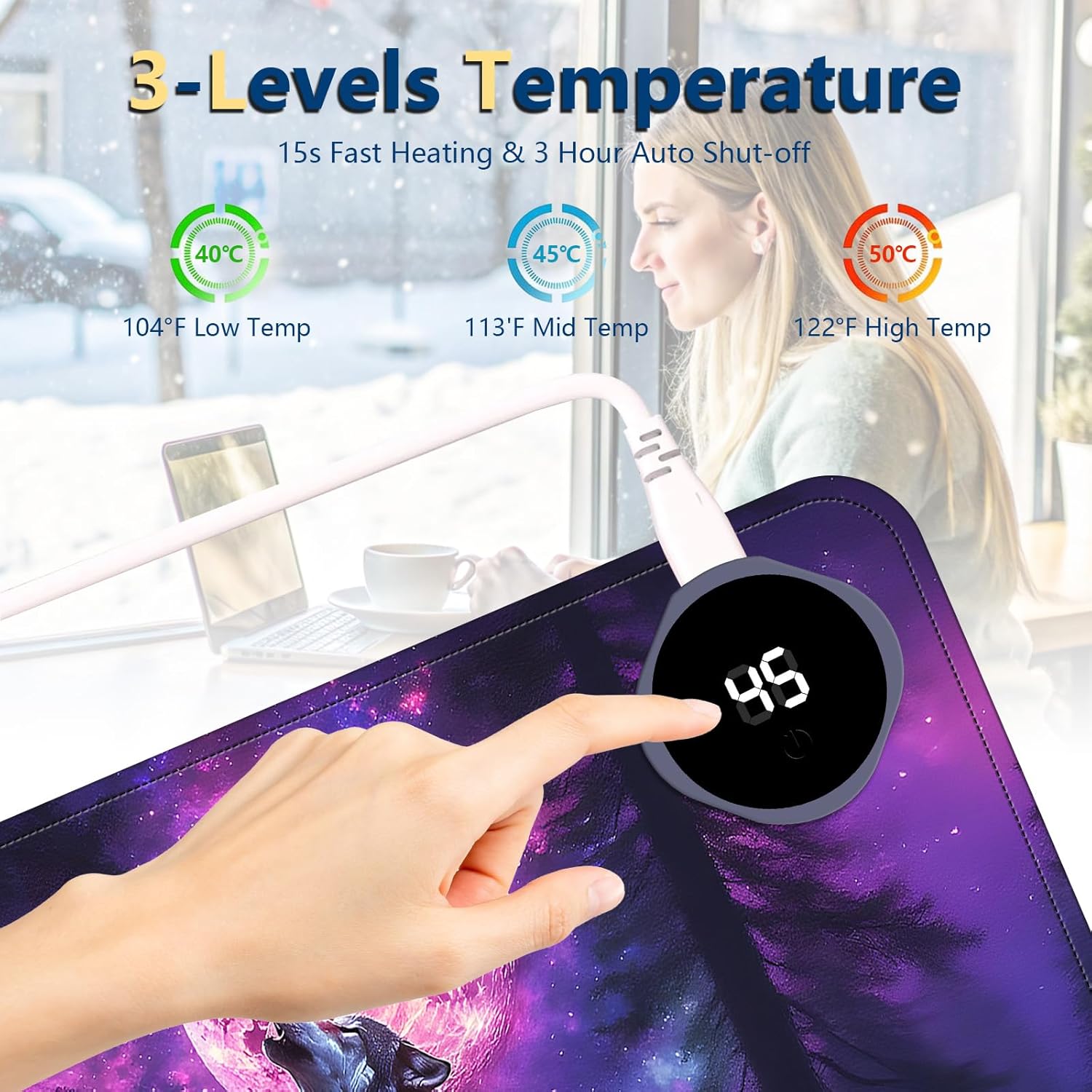 Heated Mouse Pad with 3 Temperature Settings(104°F–122°F),Large 31.5x13 Inch PU Leather Heated Desk Mat,Waterproof Warming Pad for Office,Gaming & Cold Hands Relief,Moon Wolf Howling