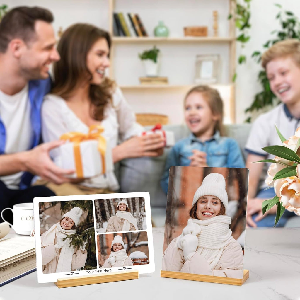 Custom Photo Prints - Metal Desktop Picture Frame with Collage Photos & Text & Wooden Base Personalized Gifts for Family Friends Lovers and Pets, Optional Multiple Sizes