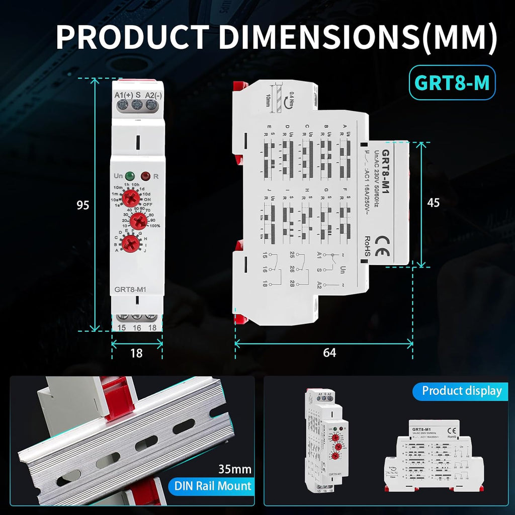 Time Relay Multifuction GRT8 M1 AC 230V with 10 Relay Timer Control Delay Function Mode DIN Rail Electronic Relays of Wide Time Delay Range for 0.1 Seconds to 10 Days