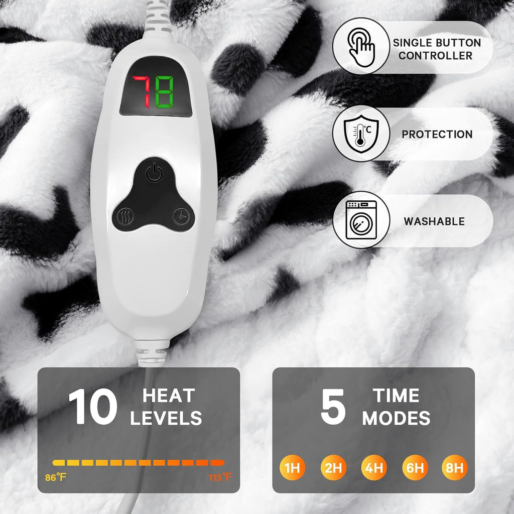 Cow Print Electric Heated Blanket King Size,90X100 Black Heating Blanket King with Dual Control&Timer&10 Heat Level,Cute Cow Decor Fleece Sherpa Blankets Warmer Gifts for Bed Women Adults