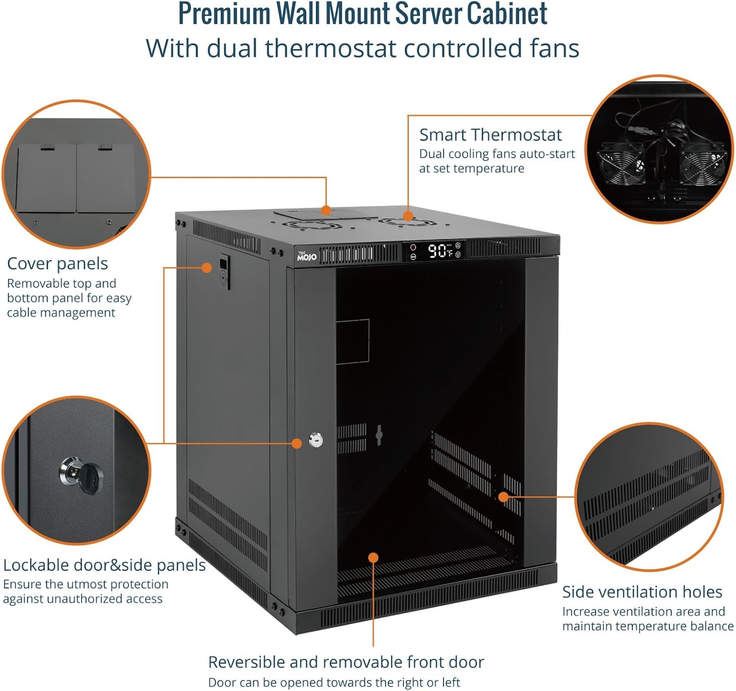 Tecmojo 12U Wall Mount Rack with Thermostat, 17.7inch Depth Enclosed Server Cabinet with 2 Cooling Fans,Lockable Door & Hardware,12U Rack for 19inch Equipments,Glass Door