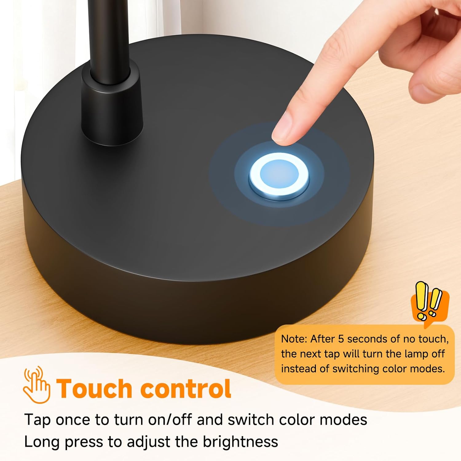 ShineTech Adjustable LED Eye-Caring Desk Lamp, Dimmable Stepless Brightness, 3 Color Modes, Touch Nightstand Lamp for Home Office, Study, Bedroom, Black