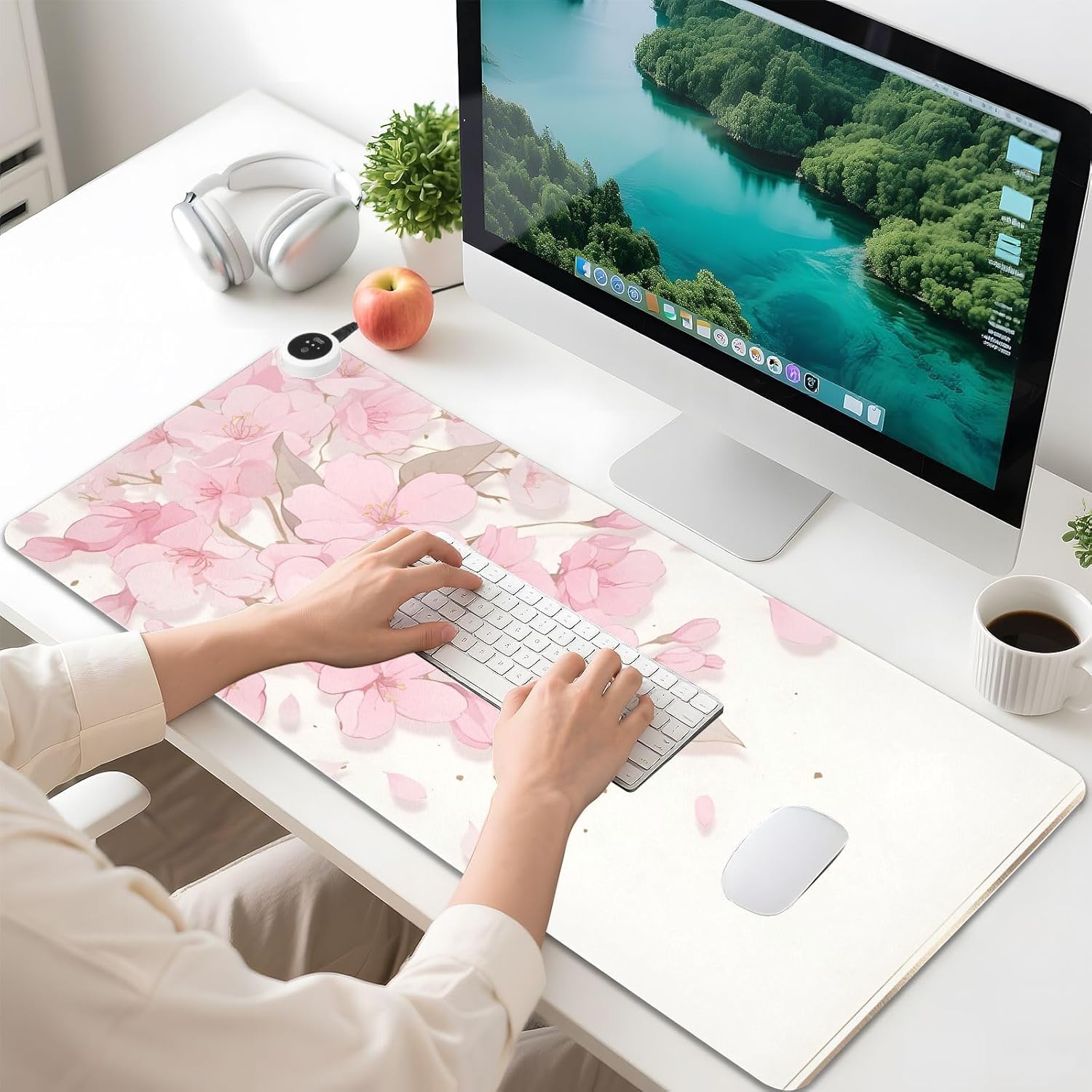 Large Heated Mouse Pad,Leather Desk Mat,31.5"x13",Hand Warmer Pads for Desk,Sakura（Pink White）