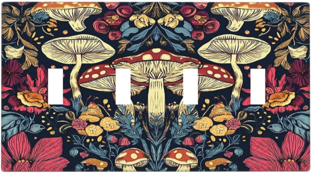 Light Switch Cover Plate Coloful Red Yellow Orange Magical Mushroom Forest 4 Gang Quad Toggle Wall Plate Electrical Outlet Cover Decorative Switch Plate Covers for Bedroom Home Decor