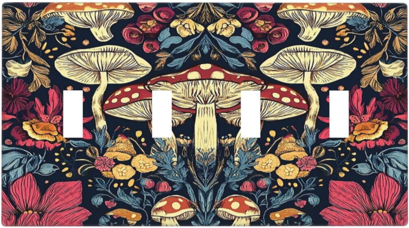 Light Switch Cover Plate Coloful Red Yellow Orange Magical Mushroom Forest 4 Gang Quad Toggle Wall Plate Electrical Outlet Cover Decorative Switch Plate Covers for Bedroom Home Decor