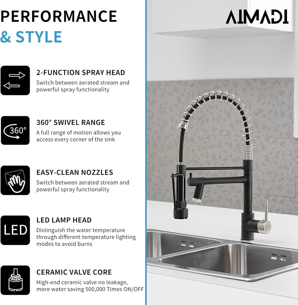 Kitchen Faucet Black AIMADI Black and Brushed Nickel Kitchen Faucet with Pull Down Sprayer,Single Handle Faucet for Kitchen Sink with LED Light